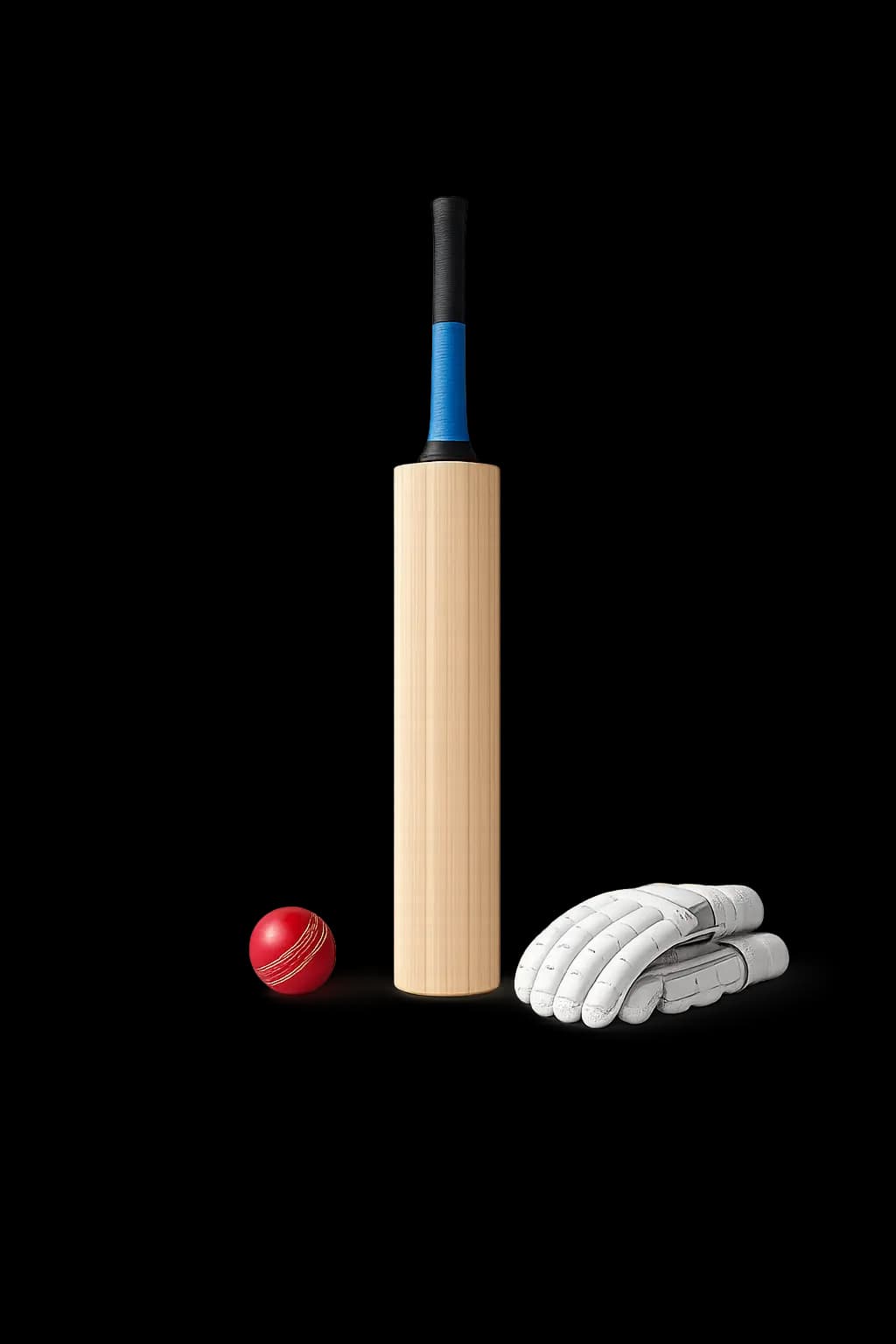 Cricket gear including a bat, ball, and wicket-keeping gloves